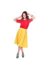 Beautiful woman with curly hair wearing a red jacket, isolated on white background