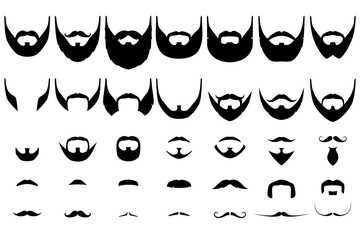 Fototapeta Set of isolated vector facial hair styles on white background. Beards and mustaches types big collection. Silhouette vintage beard and mustache. Hipster style emblems, icons, labels.  obraz