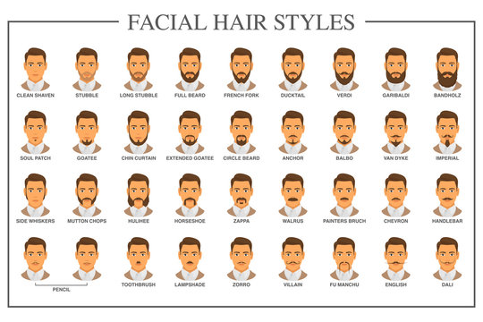 Beard styles guide. Facial hair types vector illustration. Mustache and  beard with a guy model face collection set. Vector vintage poster design. Facial  hairstyle variation retro fashion guide. Stock Vector | Adobe