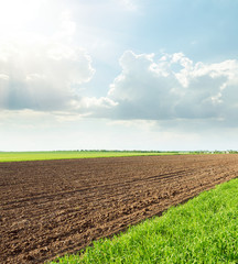 green and black agricultural fields and sun in cloudy sky