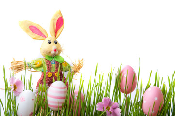 Easter eggs on wheat with bunny