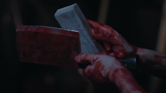 Cold-blooded killer sharpening butcher knife obsessed with idea of mass murder