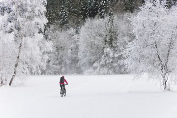 A woman running through a snowy winter landscape.