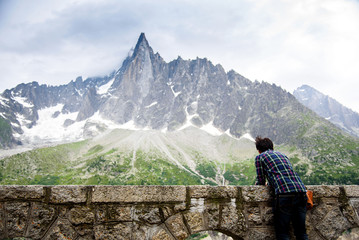Fototapeta na wymiar Traveller at Mer de Glace Mont Blanc