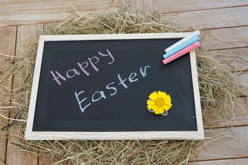 Chalkboard with text Happy Easter on dry grass and a wooden background