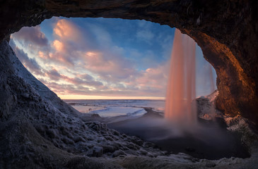 Fototapeta premium Seljalandsfoss sunset panorama