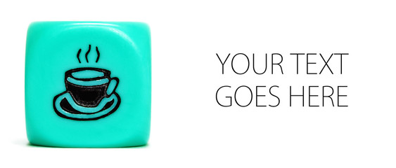 Turquoise dice depicting cup of coffee, card