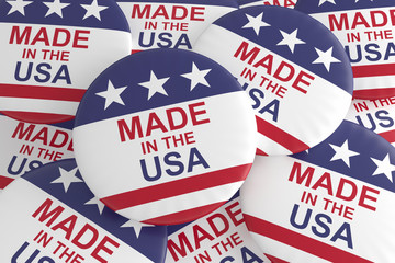 Business Buttons: Pile of US Flag Made In The USA Badges, 3d illustration