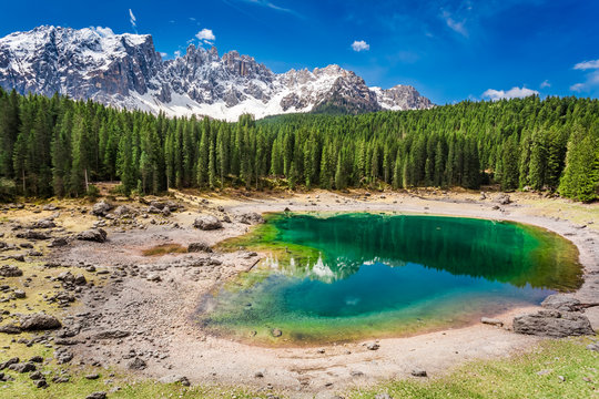 Beautiful mountain Carezza lake in spring, Alps, Italy, Europe © shaiith