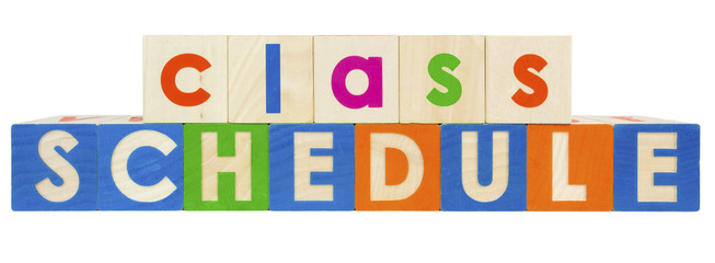 CLASS SCHEDULE concept written with colorful toy blocks.
