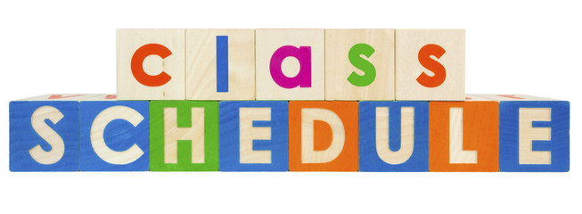 CLASS SCHEDULE concept written with colorful toy blocks.