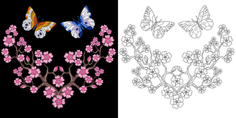 Embroidery butterfly and sakura design. Collection of fancywork elements for patches and stickers. Coloring book page with two butterflies and cherry blossom.