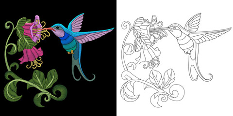 Embroidery hummingbird design. Collection of fancywork elements for patches and stickers. Coloring book page with colibri bird and hibiscus flowers.