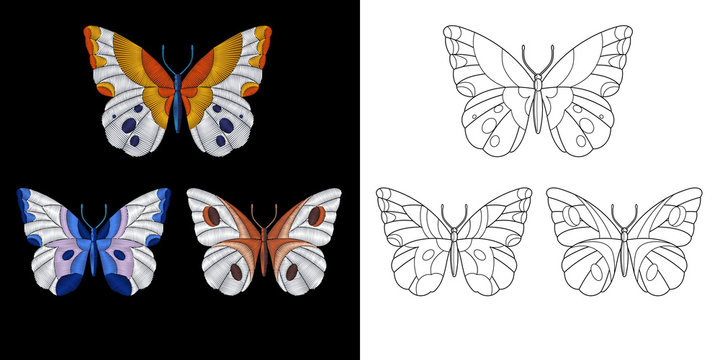 Embroidery butterfly design. Collection of fancywork elements for patches and stickers. Coloring book page with a set of three butterflies.