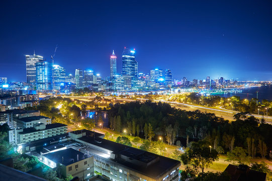 Skyline City Of Perth From Kings Park With A View Of John Oldany Park At Night. Australia .