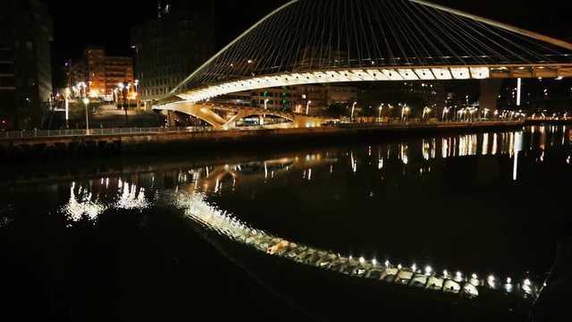 Zubizuri bridge across Nervion river illuminated at night, travel to Bilbao