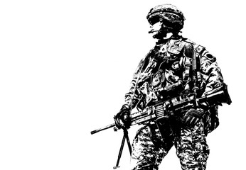 Portrait of United states airborne infantry machinegunner, camo uniforms dress. Combat helmet ammo, side view