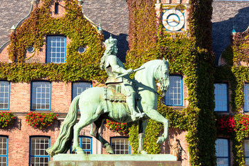 Duke Jan Wellem (Johann Wilhelm) monument in front of the townhall in Dusseldorf, Germany. The equestrian statue was erected in 1711.