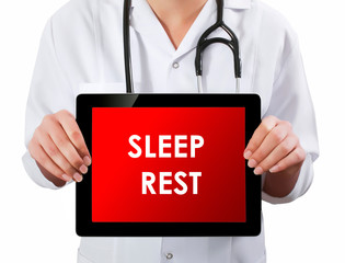 Doctor showing digital tablet screen.Sleep Rest