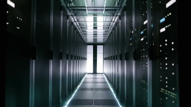 Rows of Rack Servers Turning on in Big Data Center.  Shot on RED EPIC-W 8K Helium Cinema Camera.