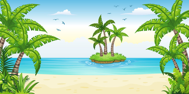 Illustration of a tropical coastal landscape with isle