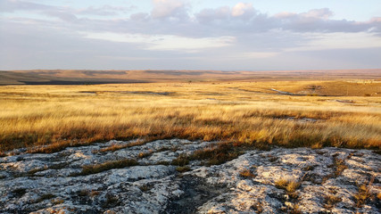 Scenic view of praire landscape at autumn. Highlands covered with yellow grass under the cloudy sky.