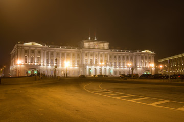 Fototapeta na wymiar Mariinsky Palace foggy March night. Saint Petersburg, Russia