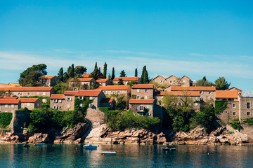 Island of Sveti Stefan, close-up of the island in the afternoon. Montenegro, the Adriatic Sea, the Balkans.