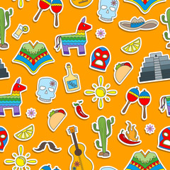 Seamless pattern on the theme of recreation in the country of Mexico, colorful stickers icons on orange background