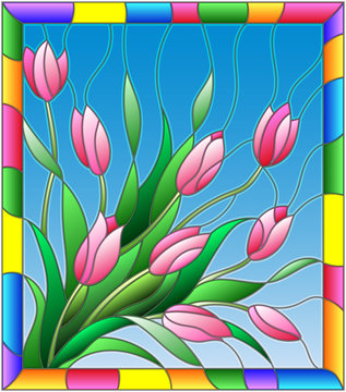 Illustration in stained glass style with a bouquet of tulipson a blue background in the frame