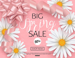 Spring sale banner template with daisy flower for online woman shopping, vector illustration.