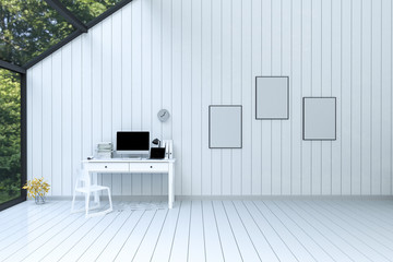 3d Rendering : illustration of Modern spacious lounge or living room interior with bright style white furniture and decor with green three outside,glasses bright windows