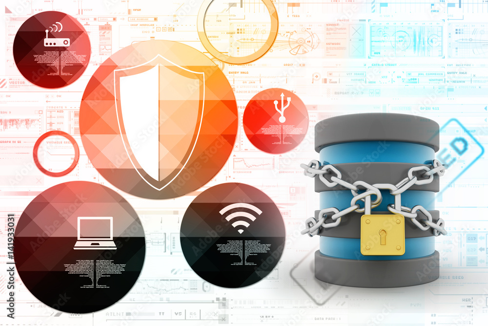 Poster 3d illustration database storage security concept. disk with lock