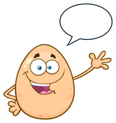 Smiling Egg Cartoon Mascot Character Waving For Greeting With Speech Bubble. Illustration Isolated On White Background