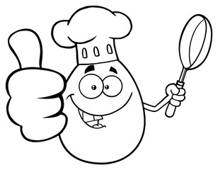Black And White Chef Egg Cartoon Mascot Character Showing Thumbs Up And Holding A Frying Pan. Illustration Isolated On White Background