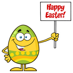 Colored Easter Egg Cartoon Mascot Character Holding A Blank Sign. Illustration Isolated On White Background With Text Happy Easter