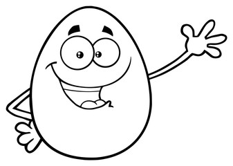 Fototapeta premium Black And White Happy Egg Cartoon Mascot Character Waving For Greeting. Illustration Isolated On White Background