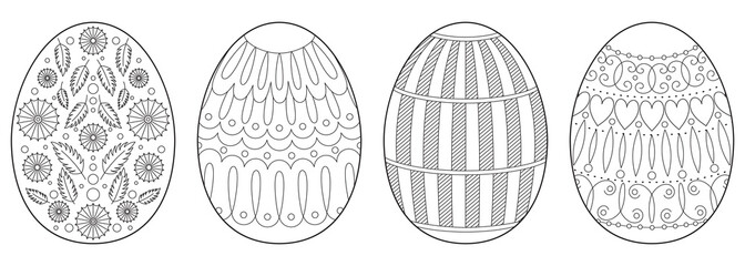 Collection of Easter eggs. Coloring book page for adults with zentangle elements.