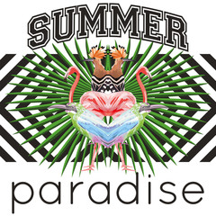 Slogan summer paradise tropical birds and leaves geometric background