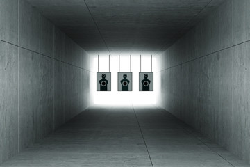 3d rendering : illustration of Abstract square cement concrete tunnel interior with shooting target hanging from roof. light at the end of tunnel. go to success on target concept. tunnel background © ittoilmatar