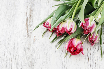 Beautiful pink tulips on wooden background
