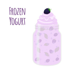 Frozen yogurt with blackberry in mason jar. Sweet dessert food cup. 