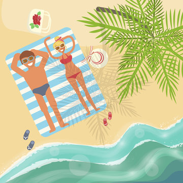 Vacation in tropical countries. Summer beach landscape. Top view vector illustration eps 10.