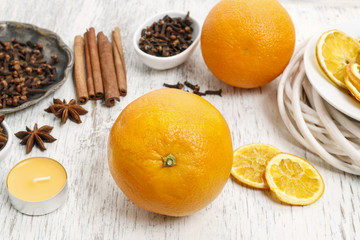 Christmas decorations on white wood