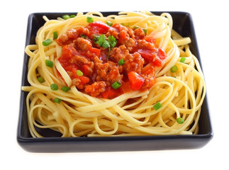 Pasta with pork and tomato sauce.