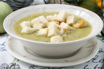 Creamy vegetable soup with croutons