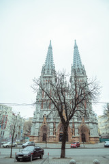 Fototapeta na wymiar entrence of Gothic Church in cold spring day