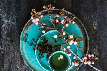 Fototapeta na wymiar Green tea and peach blossom as a spring concept