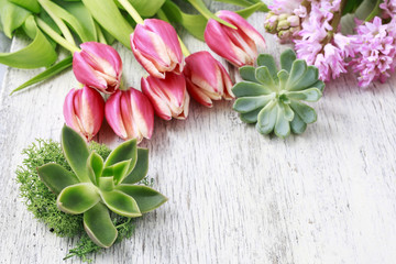 Tulips, hyacinths and succulents (echeveria) on white wood
