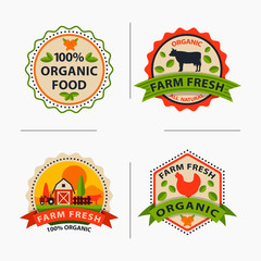 Flat style of bio organic eco healthy food label logo template and vintage vegan farm element in orange green color badge vector illustration.